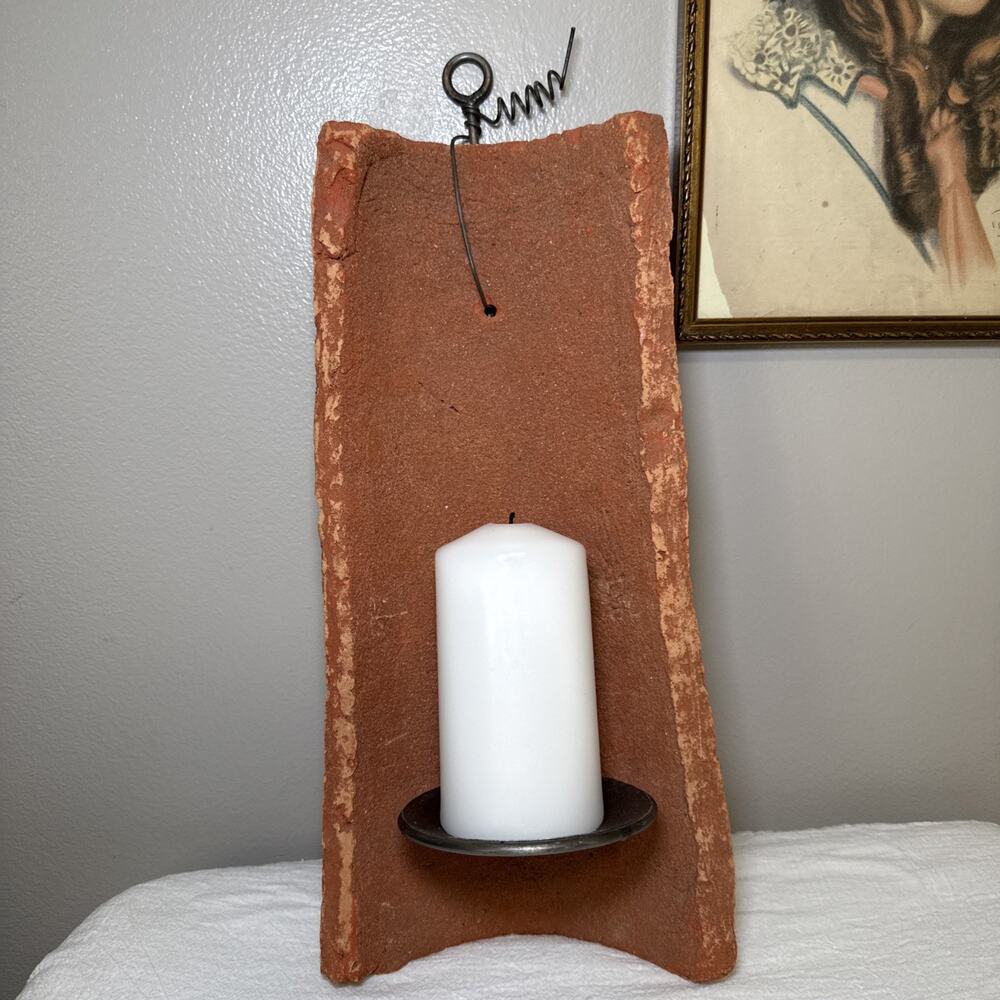 Rustic Terracotta Roof Tile Wall Candle Sconce 16” Tuscan Spanish Hacienda Decor